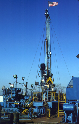The drill rig used to recover six of the seven Newark Basin Coring Project cores is shown on the Livingston Campus of Rutgers University in Piscataway